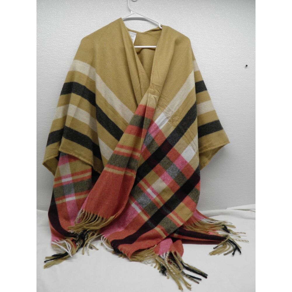 Woolrich Poncho Shawl Wrap Women One Size Multicolor Plaid Open Fringe Polyester